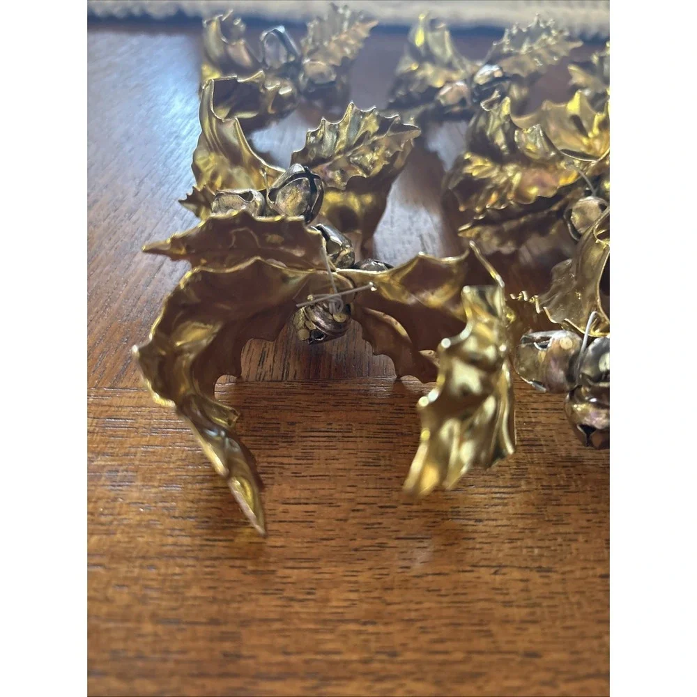 Vintage Christmas Gold Metal Holly Leaf and Bell Berries Napkin Rings Lot Of 12